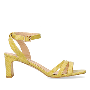 Soft Snake mustard coloured sandals with a thin block heel