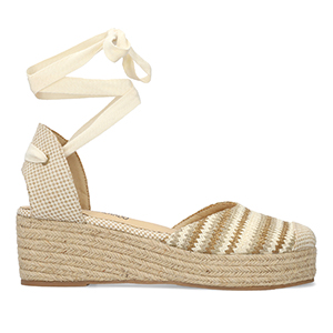 Beige fabric sandals with a jute wedge