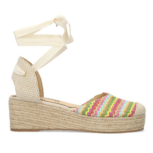 Wedge sandals in multi-colored fabric with jute wedge