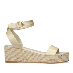 Gold soft sandals with a jute wedge