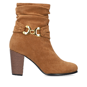 Heeled booties in brown faux suede material