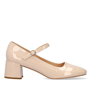 Schuh im Mary-Jane-Stil mit Lacklederabsatz in der Farbe Beige