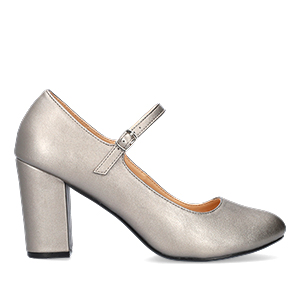 Heeled Mary Jane in old silver coloured soft faux leather