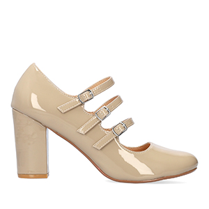 Mary Jane Stil Schuh mit Lacklederabsatz in Beige Farbe