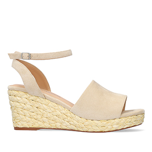 Beige faux suede sandal with a jute wedge