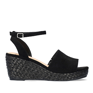 Black faux suede sandal with a jute wedge