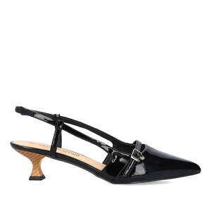 Slingback black patent shoes with a kitten heel