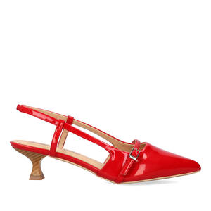 Slingback red patent shoes with a kitten heel