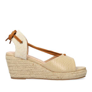 Soft combined beige sandals with jute wedge