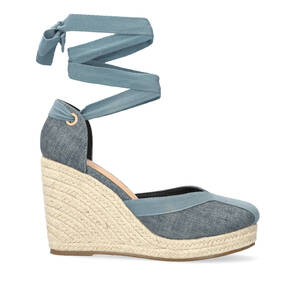 Turquoise fabric espadrilles with jute wedge