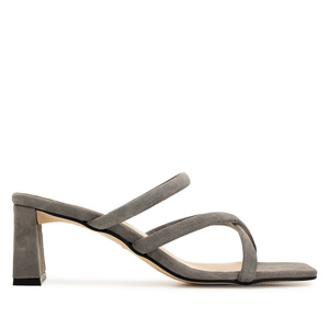 Heeled Mules in Grey Split Leather with Square Toe