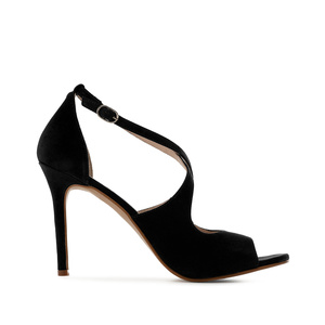 Stiletto Crossed Sandals in Black Suede Leather