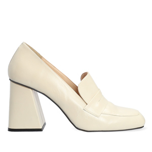 Heeled loafers in off-white leather
