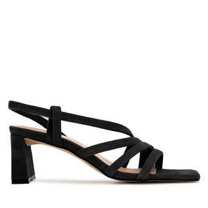 Strapped Sandals in Black Split Leather and Square Toe