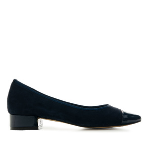Heeled Ballet Flats in Navy Suede & Patent Leather