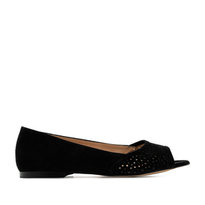 Open Toe Ballet Flats in Black Suede Leather