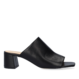 Black leather heeled mules