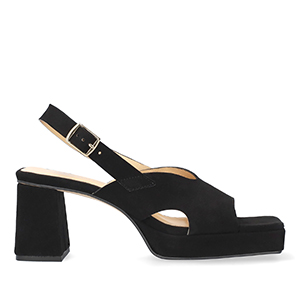 Heeled black suede sandals with platform