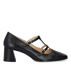 Court black leather heeled shoes.