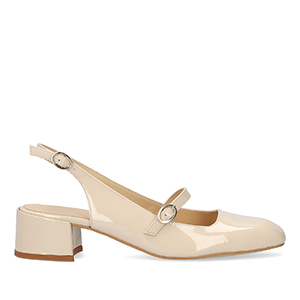 Heeled beige patent leather Mary Janes