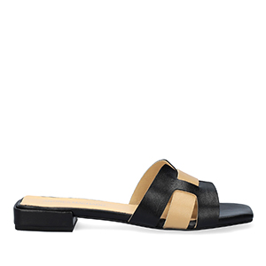 Flat sandals in black and beige leather