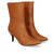 Pointed toed high-top booties in camel colored faux leather