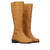 Flat high-calf boots in camel faux leather.