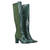 Heeled knee-high boots combined green faux croc leather with faux suede.