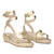 Gold faux leather sandals with jute wedge