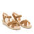 Camel colored faux suede sandals with jute wedge