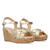 Gold-coloured soft sandals with a wooden effect wedge