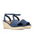 Blue faux suede sandal with a jute wedge