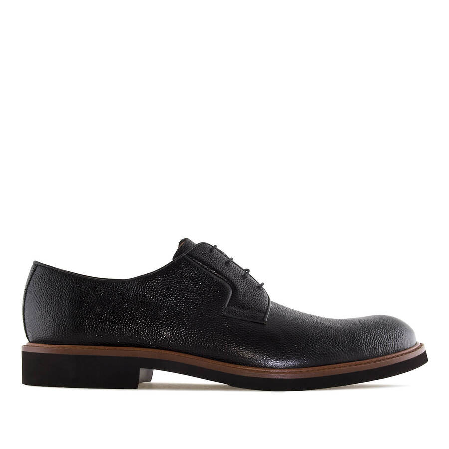 Men's Black Grained Leather Lace-Up Shoes 