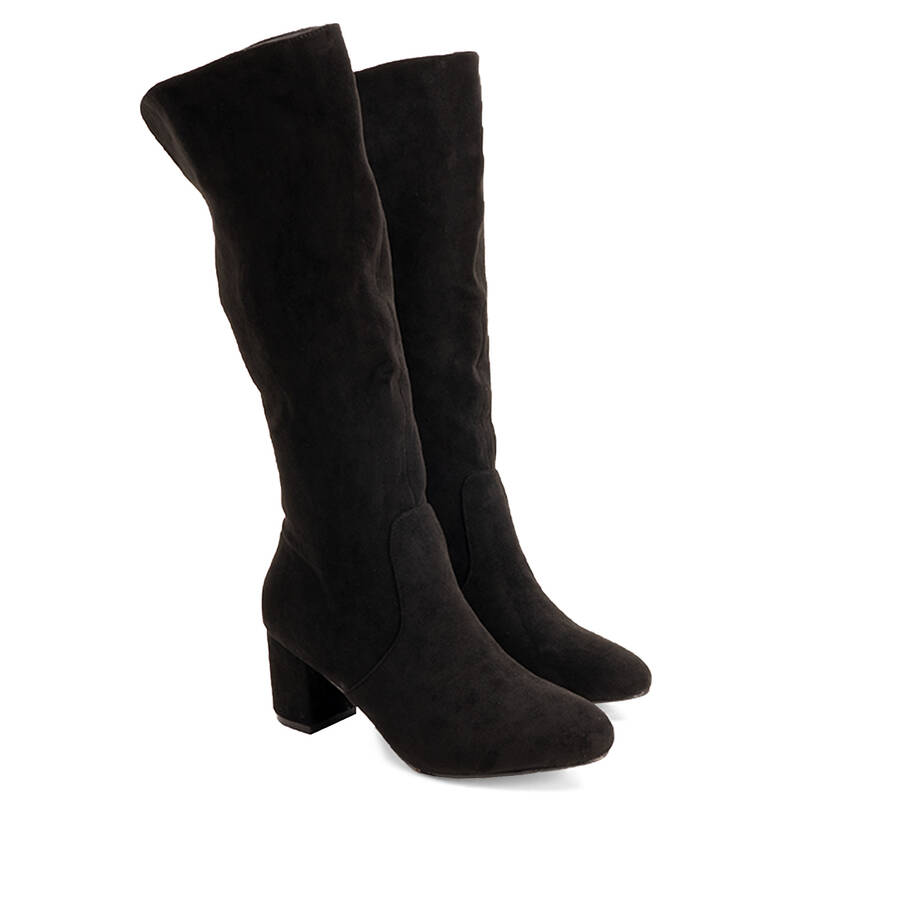 Heeled mid-calf boots in black faux suede 