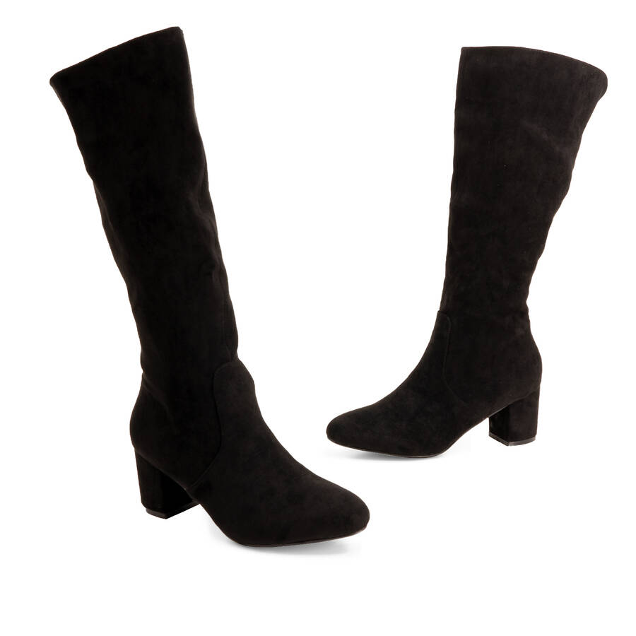 Heeled mid-calf boots in black faux suede 