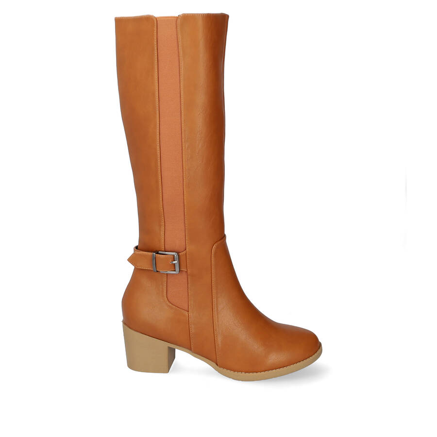 Mid- calf boots with elastic in camel faux leather 