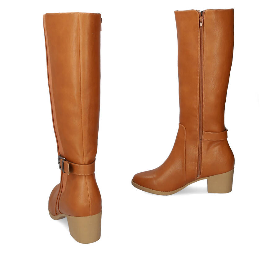 Mid- calf boots with elastic in camel faux leather 