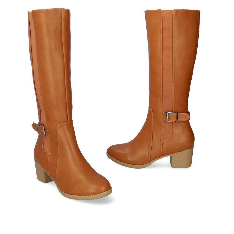 Mid- calf boots with elastic in camel faux leather 