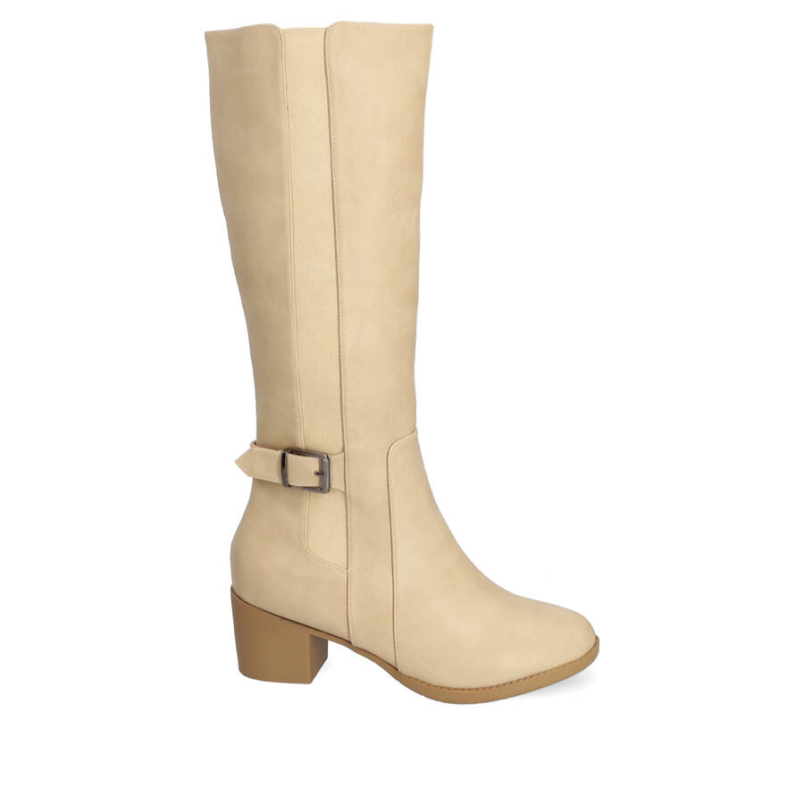 Mid- calf boots with elastic in off-white faux leather 