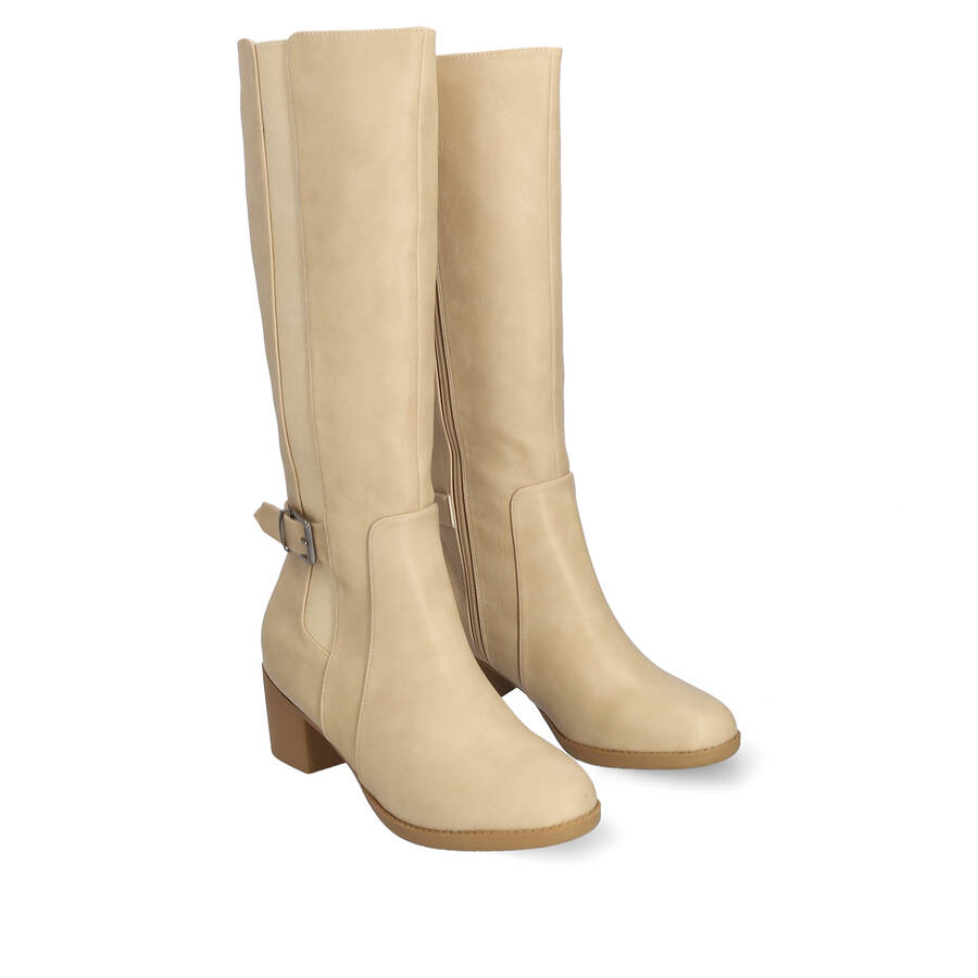 Mid- calf boots with elastic in off-white faux leather 