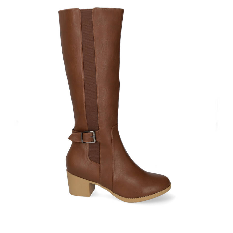 Mid- calf boots with elastic in brown faux leather 