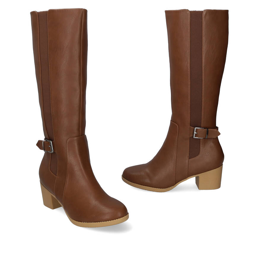 Mid- calf boots with elastic in brown faux leather 