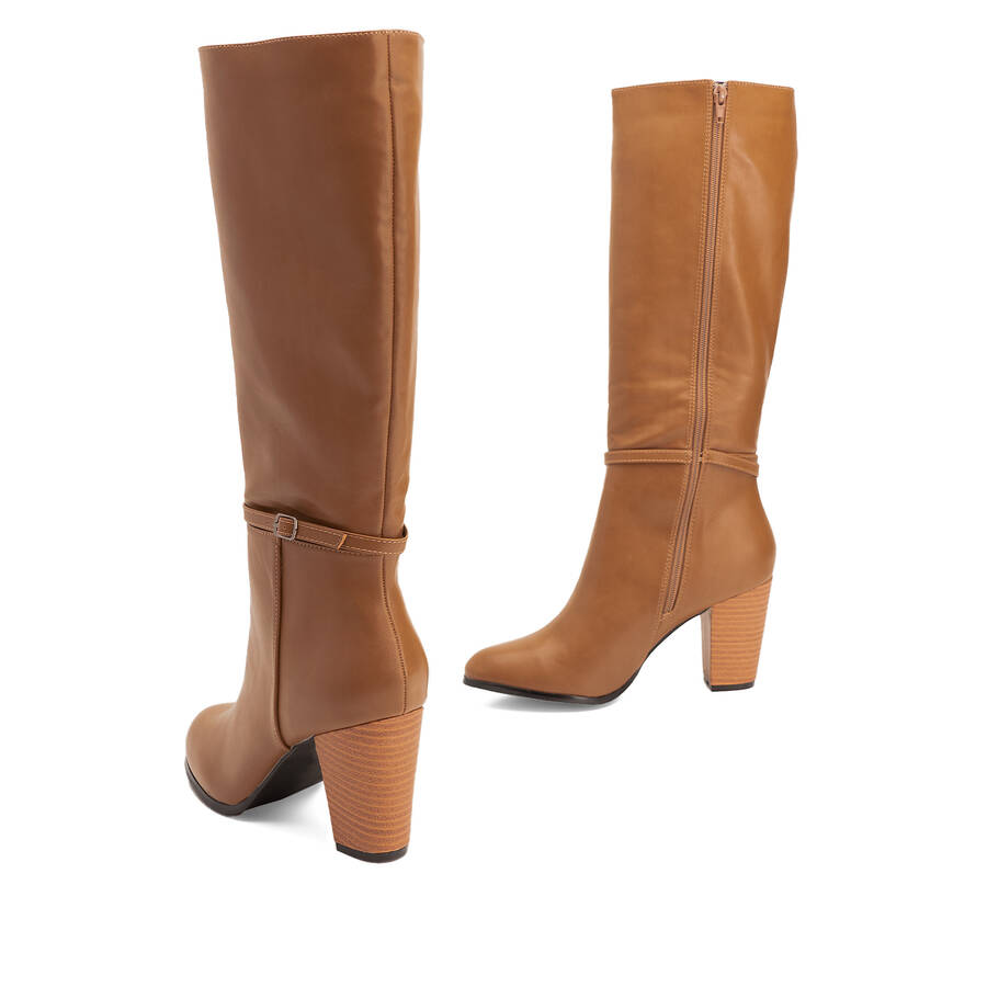 Heeled boots in camel faux leather with buckled strap detail 