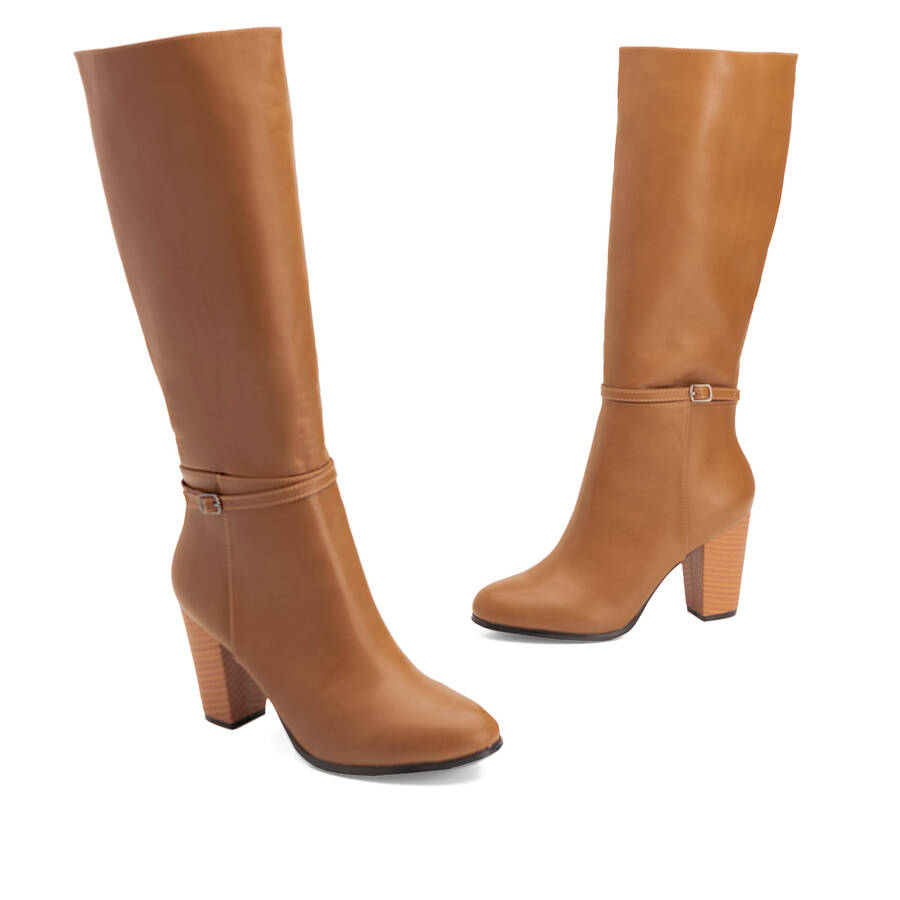 Heeled boots in camel faux leather with buckled strap detail 