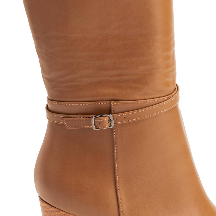 Heeled boots in camel faux leather with buckled strap detail 