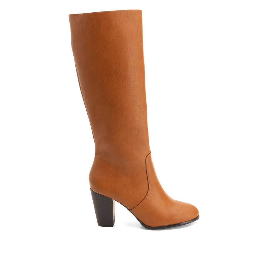 Heeled knee-high-calf boots in camel faux leather 