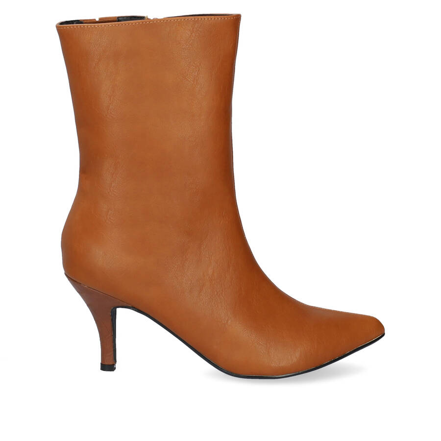 Pointed toed high-top booties in camel colored faux leather 