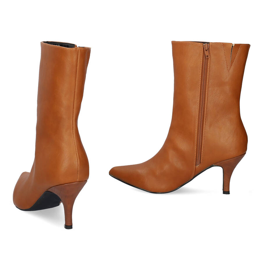 Pointed toed high-top booties in camel colored faux leather 