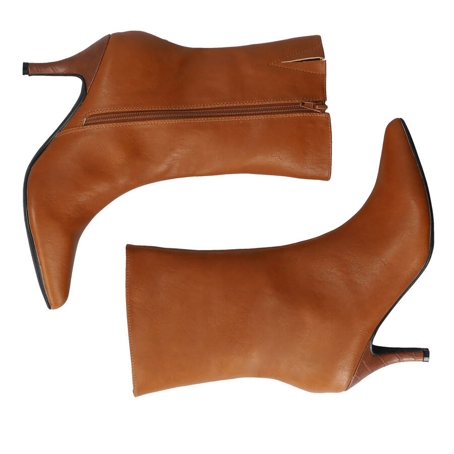 Pointed toed high-top booties in camel colored faux leather 