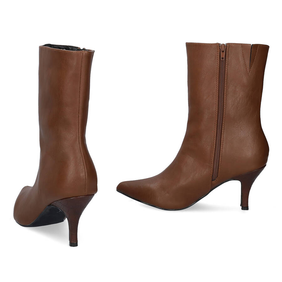 Pointed toed high-top booties in brown faux leather 